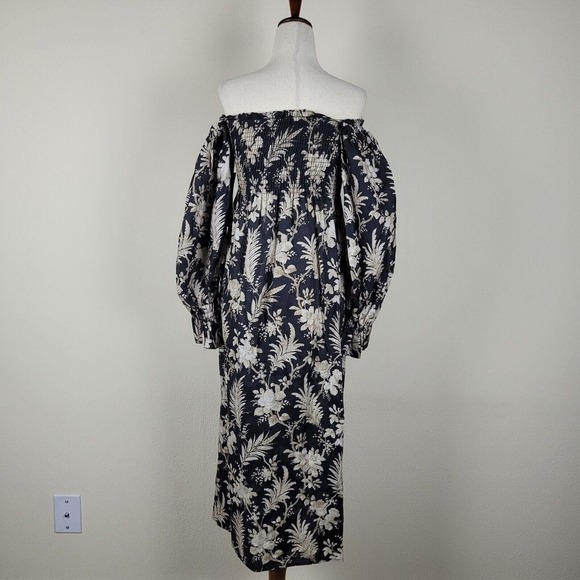 Tuckernuck Dress XS Black Ojai Vines Hemmings Floral Midi Off Shoulder Linen NEW - Picture 3 of 6